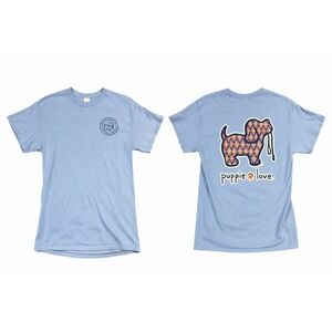 Puppie Love Graphic T-Shirt Women Size M Light Blue Ikat Dog Rescue Tee Gildan